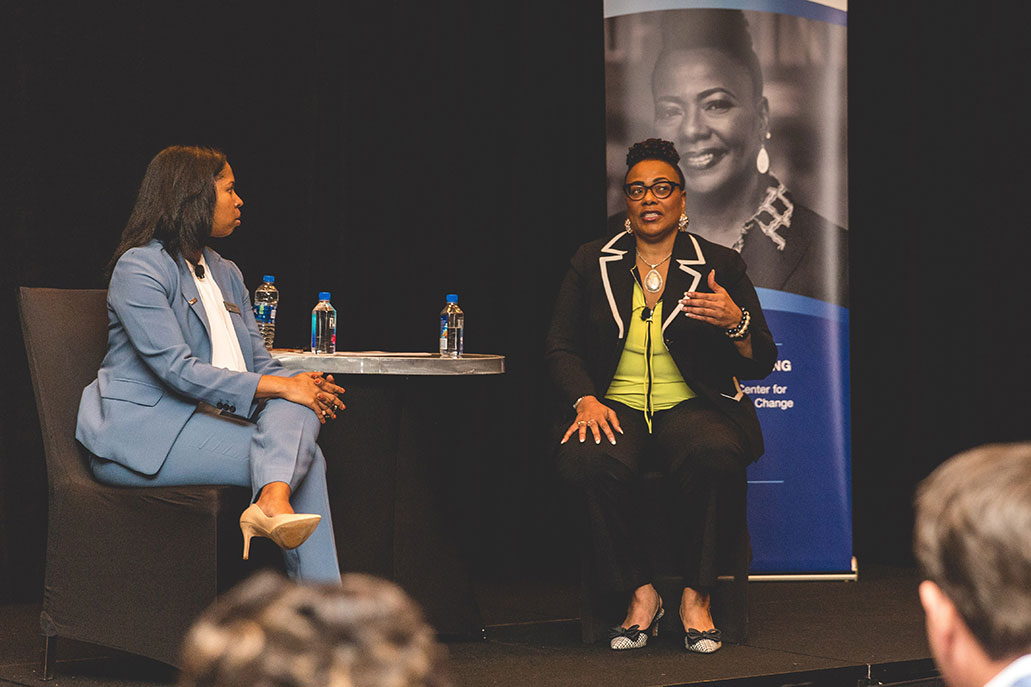 Dr. Bernice King is interviewed at Elavon employee meeting